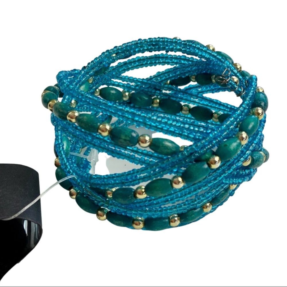 NWT Charles Klein Turquoise Blue Beaded Wrap Cuff Bracelet Gold Accents
